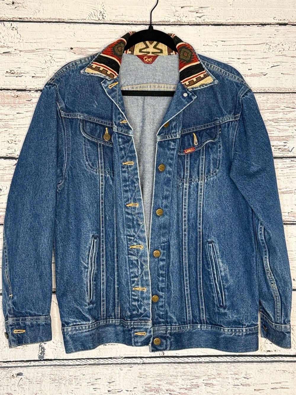 Ms Lee vintage Blue Denim Jacket with Patterned Southwestern textile